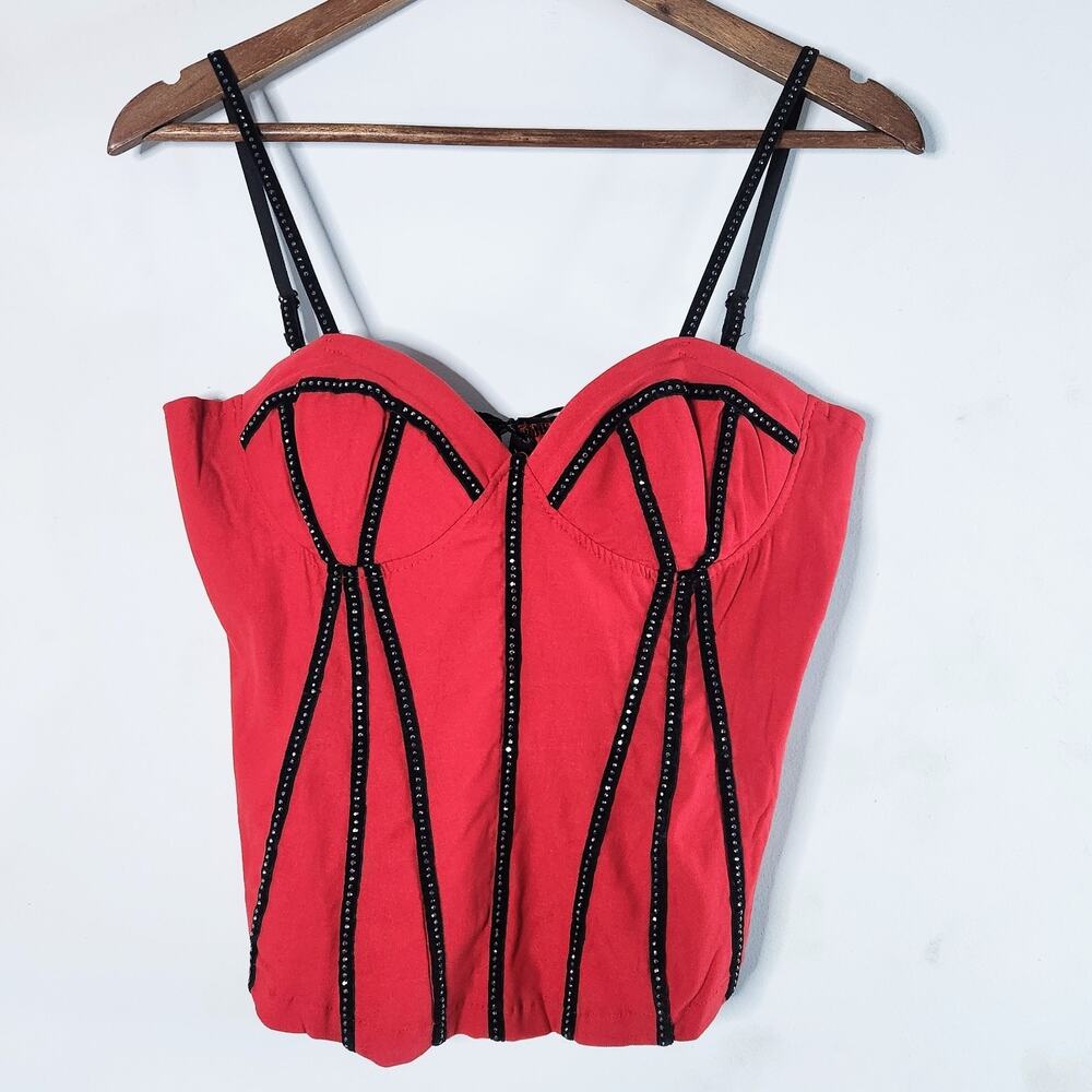 NOA Womens Red Rhinestone Studded Lace Up Bustier Corset Size Large Y2K Festival